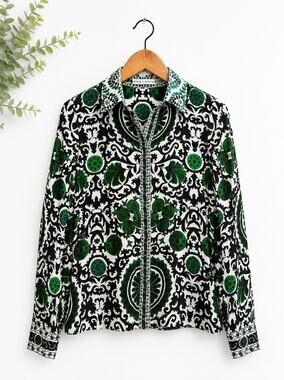 Alice + Olivia Maximalist Black White Print Button Front Blouse Women's Size S